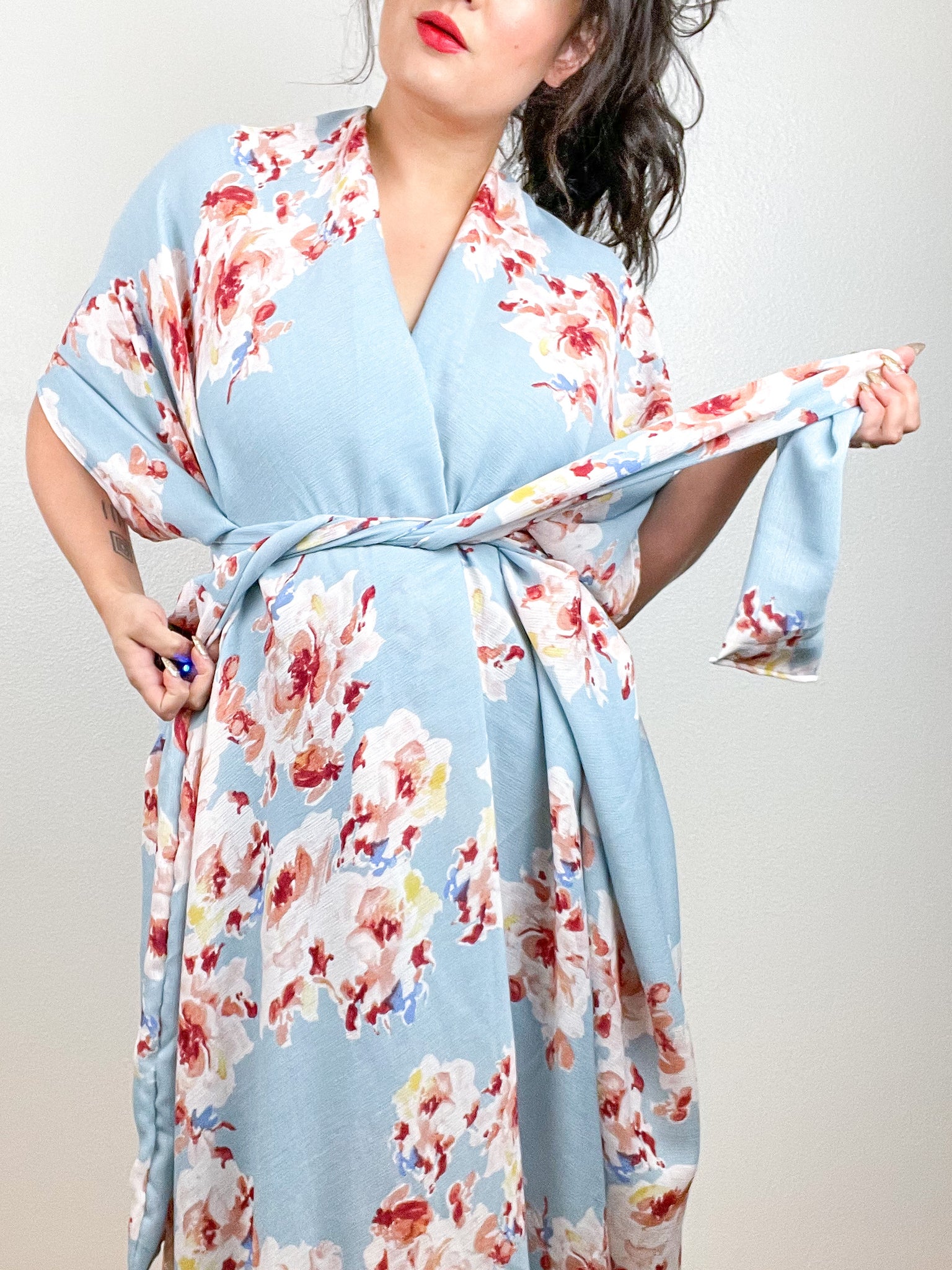 Print High Low Kimono Blue Peach Floral Crinkle Gauze