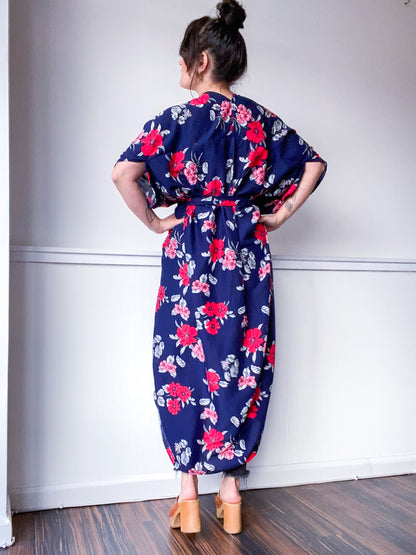 Print High Low Kimono Navy Red Floral