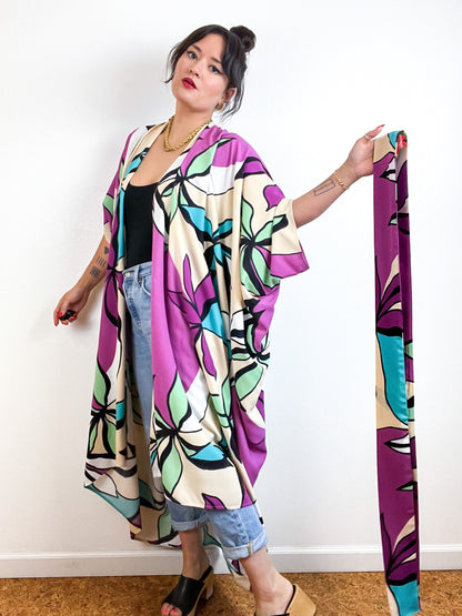 Print High Low Kimono Lilac Ecru Abstract Floral Challis