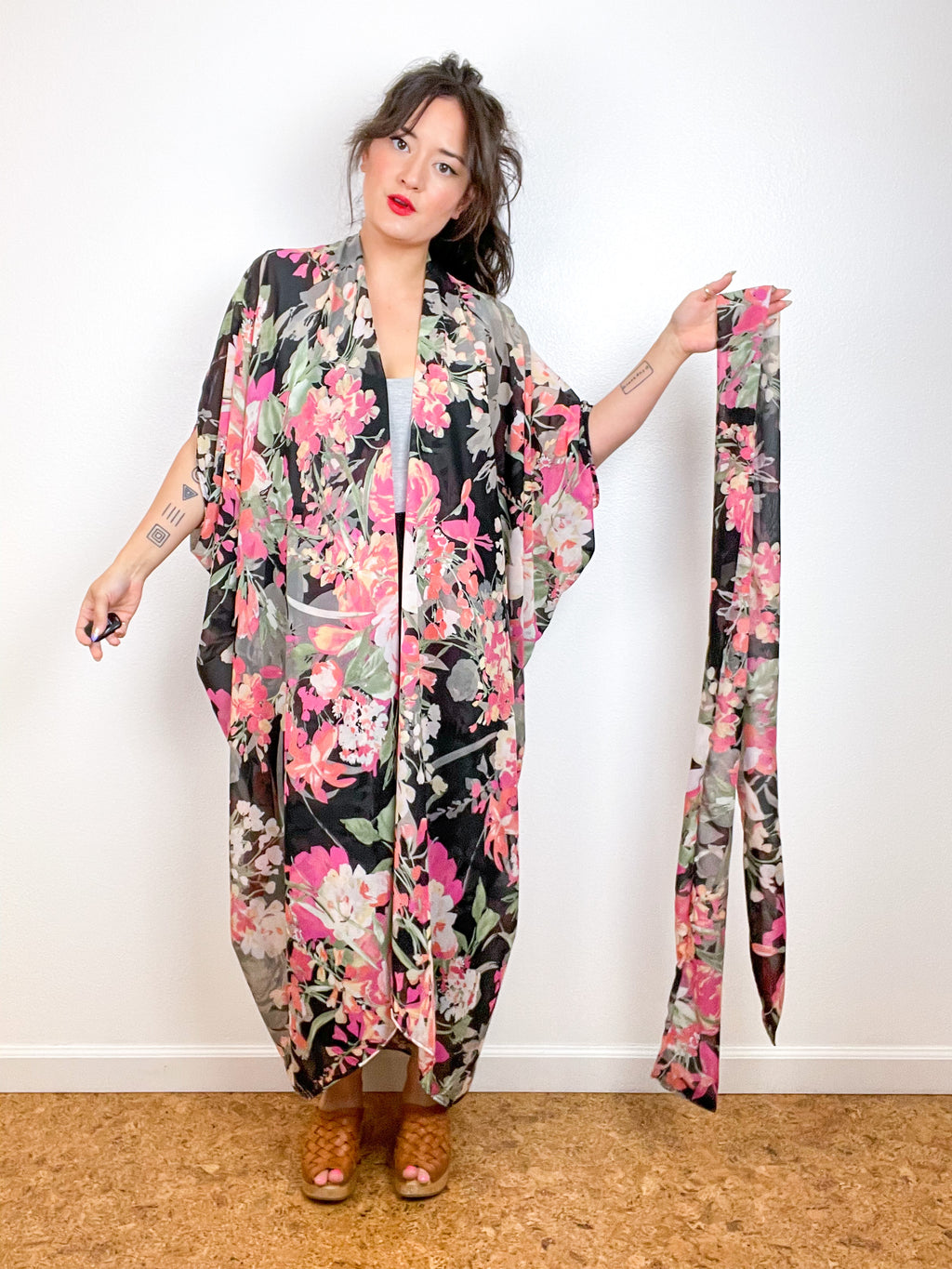 Print High Low Kimono Black Peach Floral Chiffon