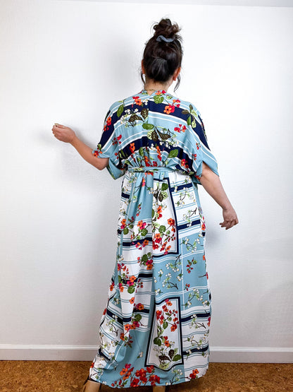 Print High Low Kimono Blue Retro Floral Bubble Crepe
