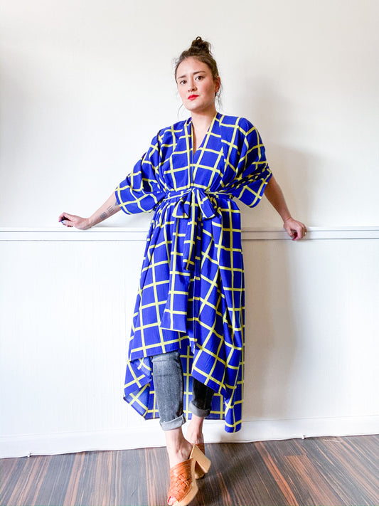 Print High Low Kimono Royal Blue Citron Windowpane Slinky