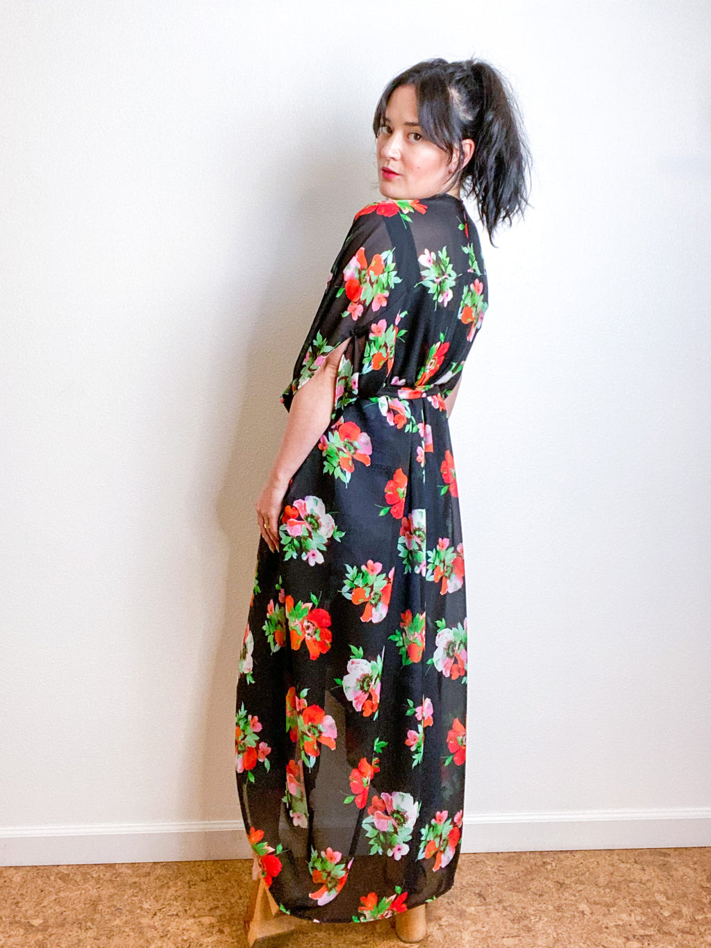 Print High Low Kimono Black Poppies Chiffon