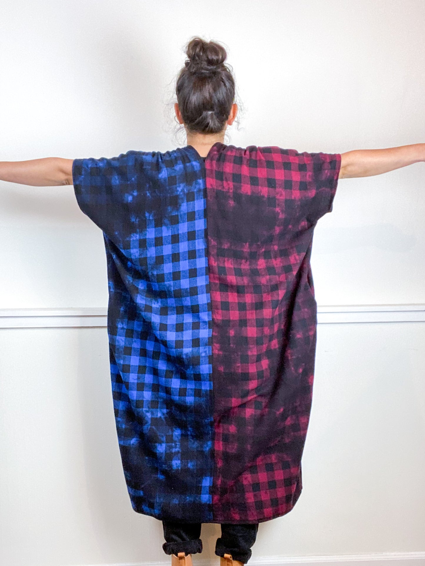Over-Dye Plaid Smock Dress 2-Tone Blue Red Black Midi