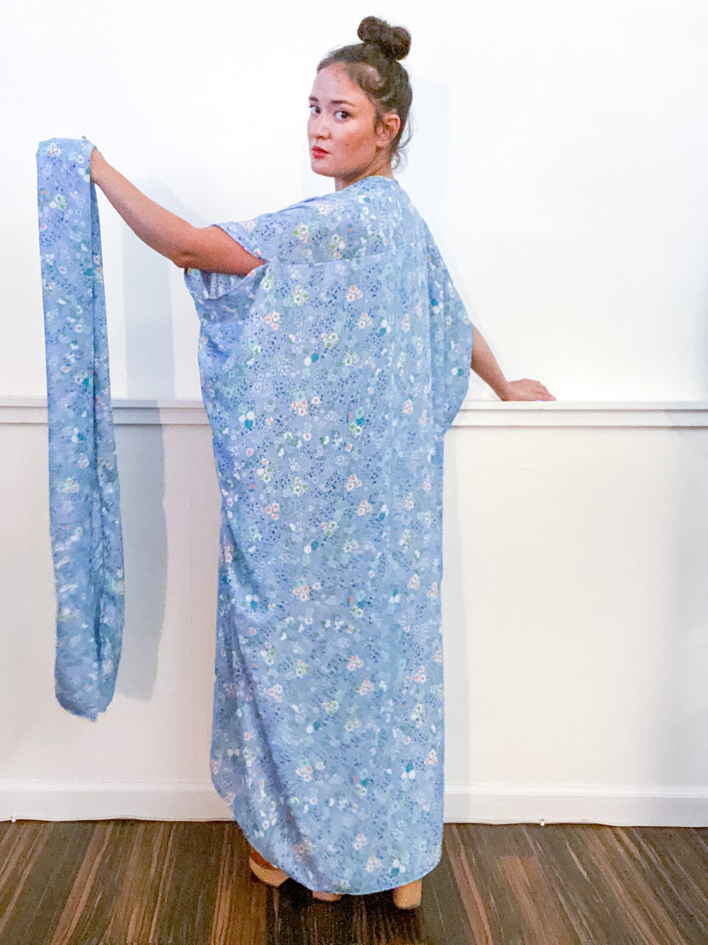 Print High Low Kimono Baby Blue Mini Floral Georgette