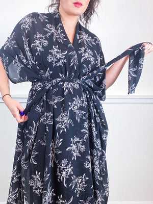 Print High Low Kimono Black Floral Georgette
