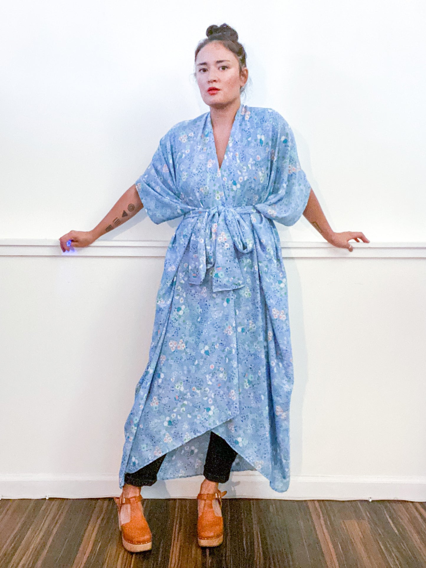 Print High Low Kimono Baby Blue Mini Floral Georgette