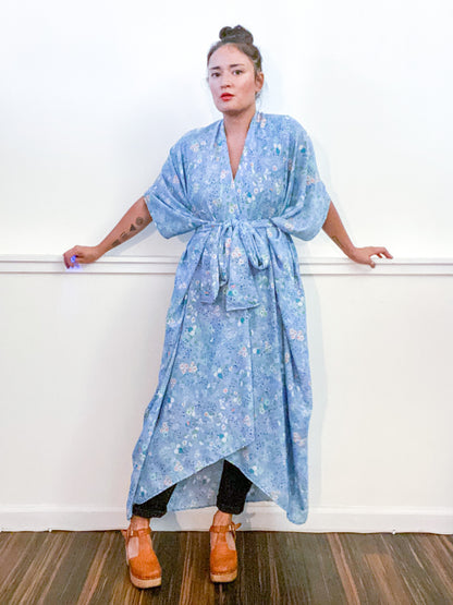 Print High Low Kimono Baby Blue Mini Floral Georgette