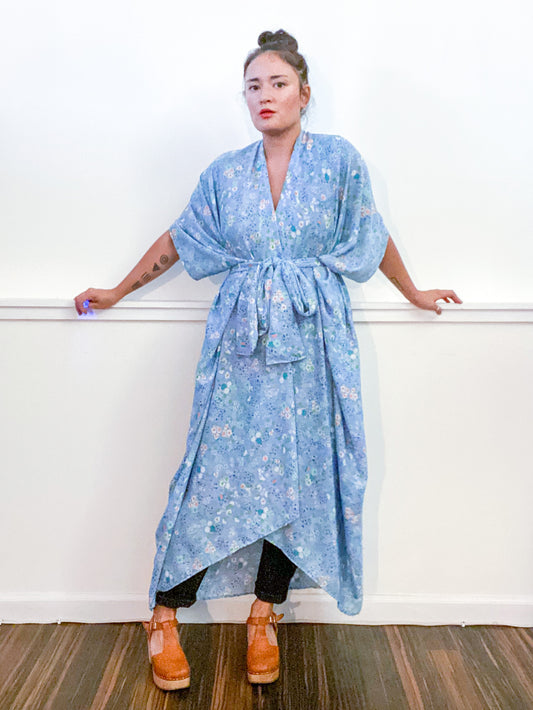 Print High Low Kimono Baby Blue Mini Floral Georgette
