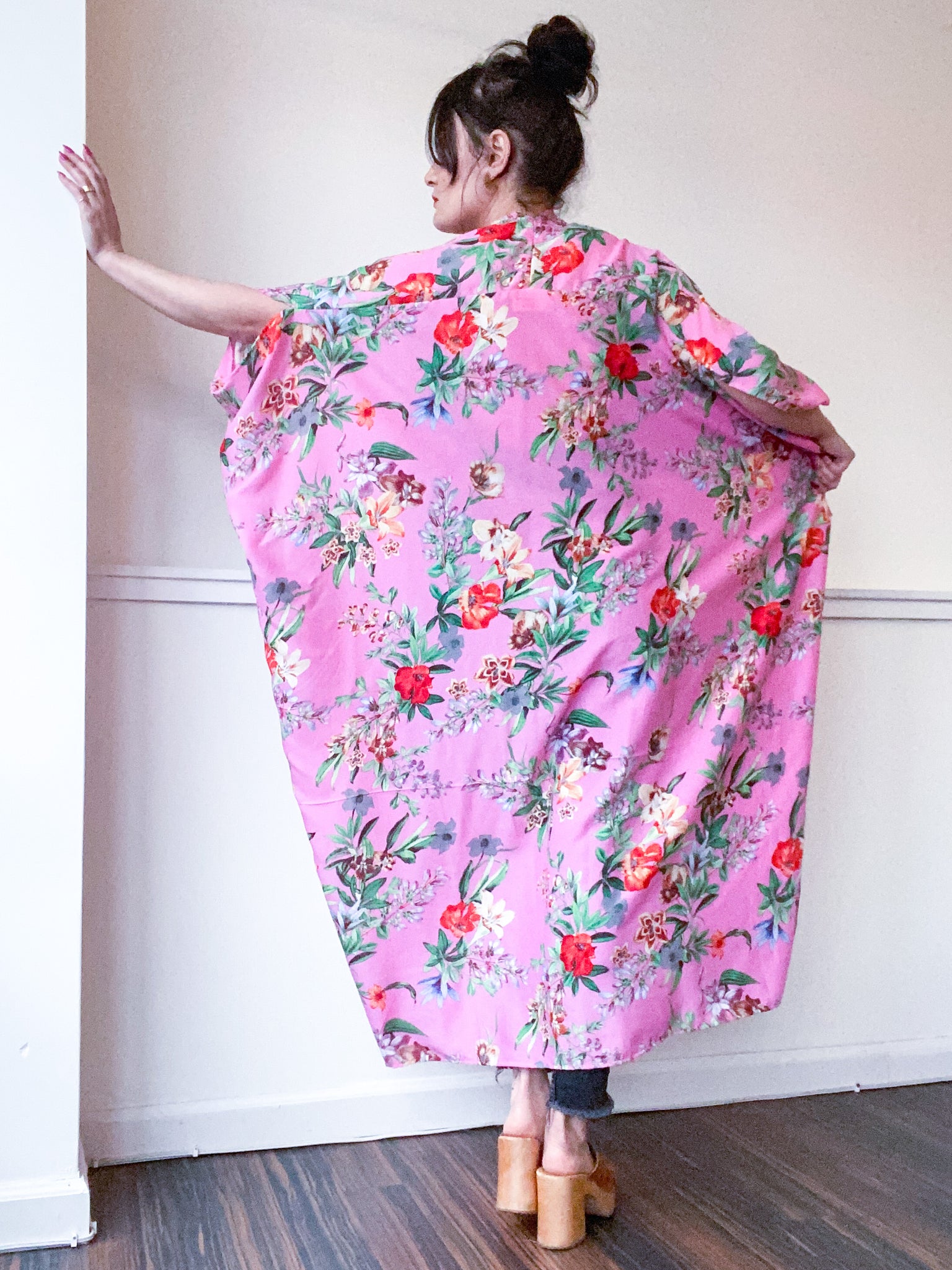 Print High Low Kimono Pink Tropical