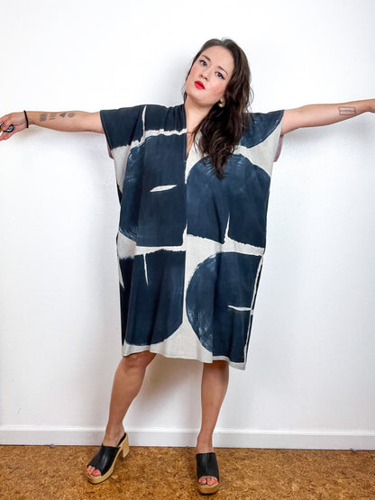 Hand-Dyed Knee Smock Dress Ecru Black Brush