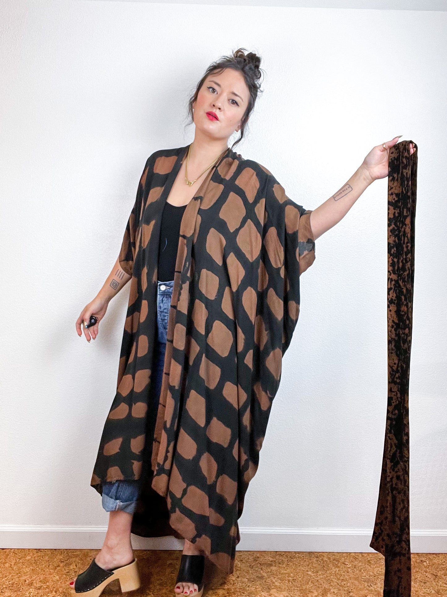 Hand-Dyed High Low Kimono Brown Black Windowpane