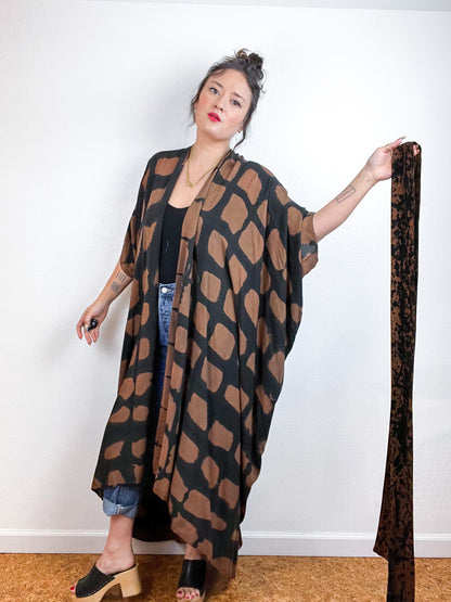 Hand-Dyed High Low Kimono Brown Black Windowpane