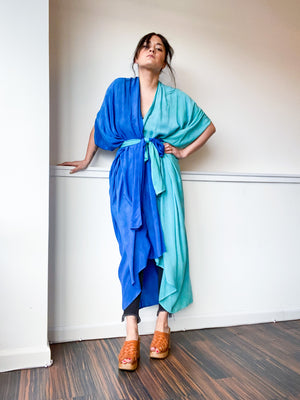 Hand-Dyed High Low Long Kimono 2-Tone Aqua Blue