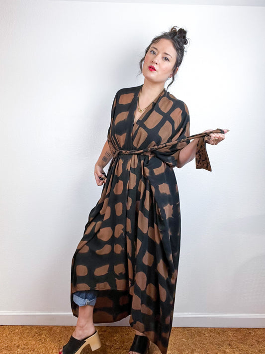 Hand-Dyed High Low Kimono Brown Black Windowpane