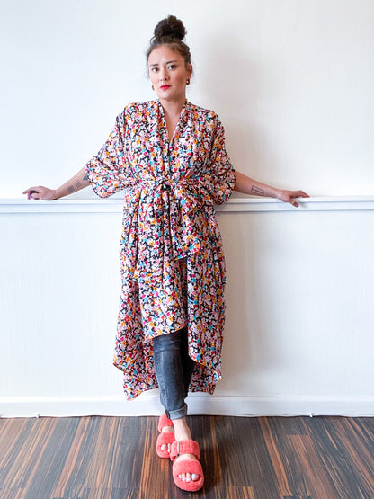 Print High Low Kimono Multicolor Mini Floral Crepe de Chine