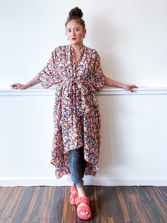 Print High Low Kimono Multicolor Mini Floral Crepe de Chine