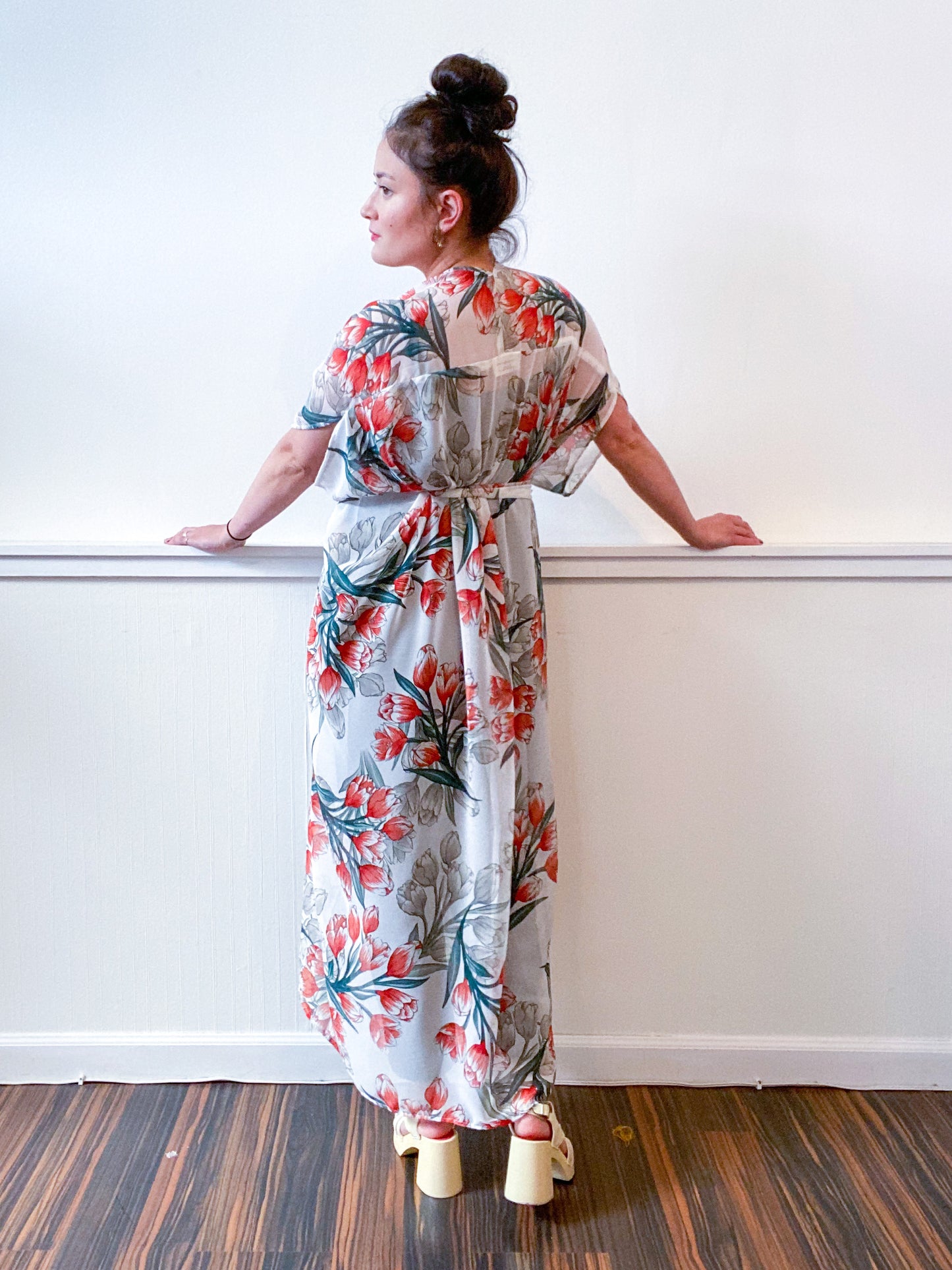 Print High Low Kimono Ivory Red Tulips Chiffon