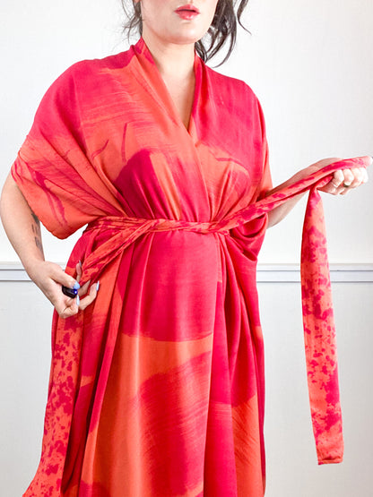 Hand-Dyed High Low Kimono Coral Fuchsia Brushstroke