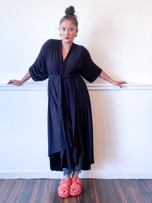 Print High Low Kimono Solid Black Knit