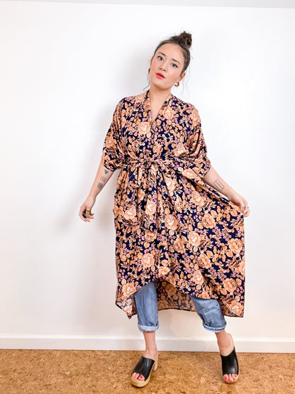 High Low Kimono Navy Peach Boho Rayon Crepe