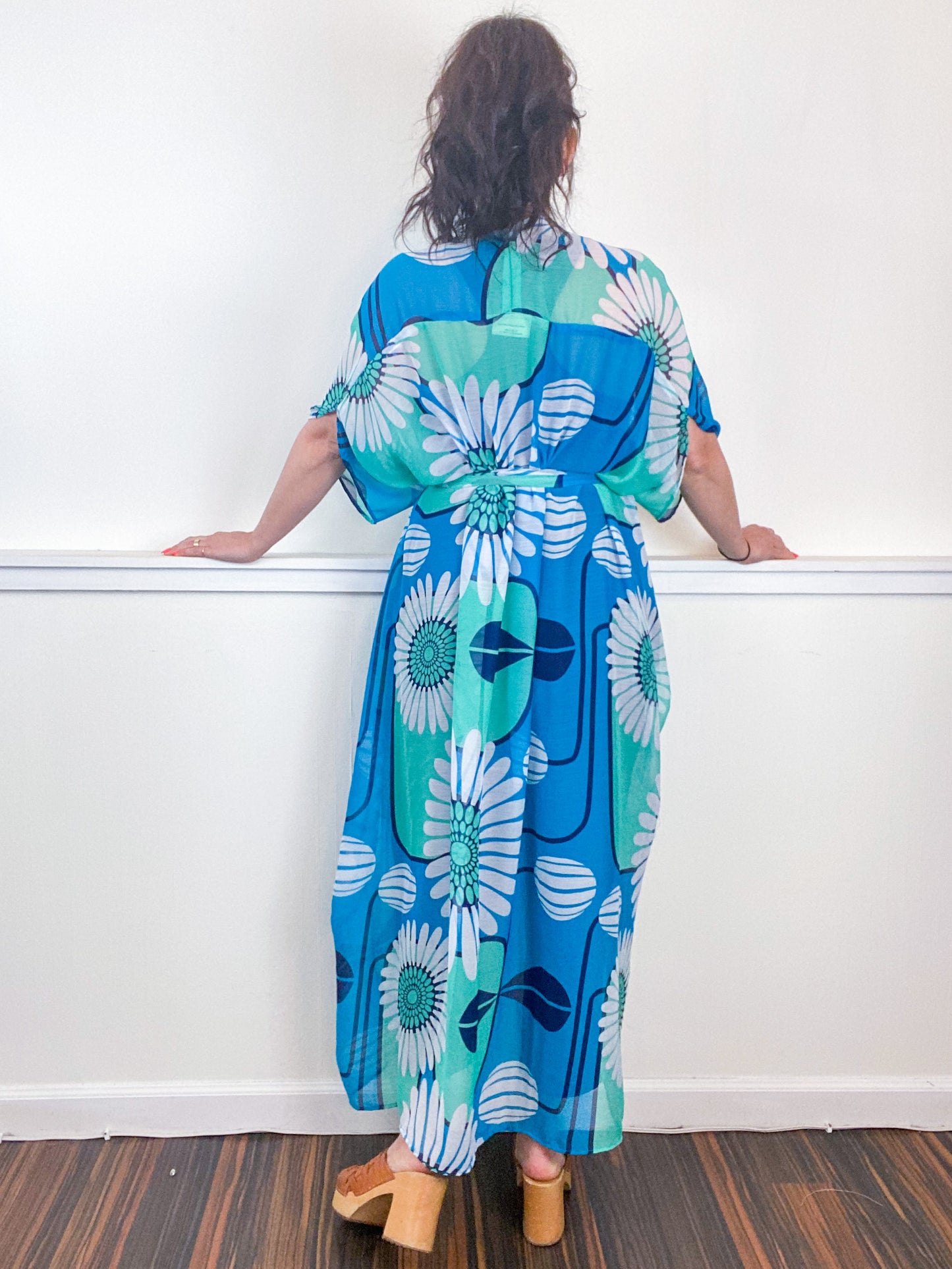 Print High Low Kimono Turquoise Pop Floral Crinkle Chiffon