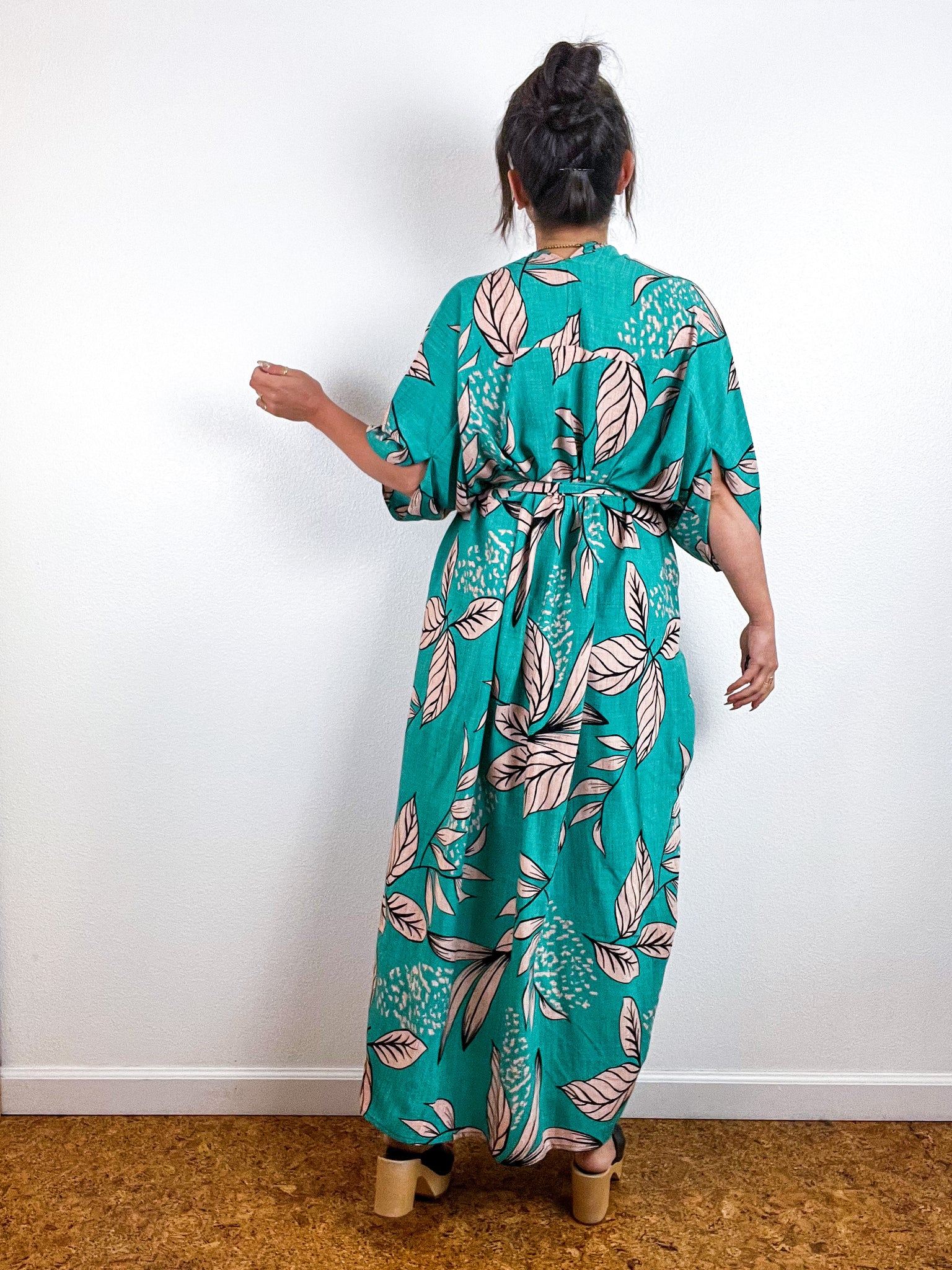 Print High Low Kimono Green Tan Leaves Challis