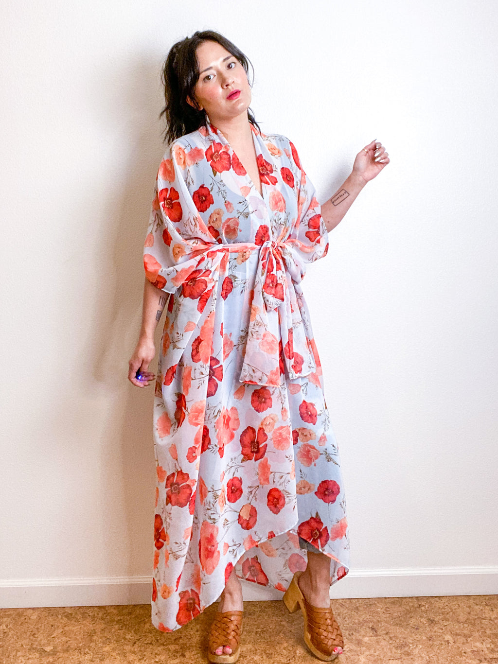 Print High Low Kimono Poppies Chiffon