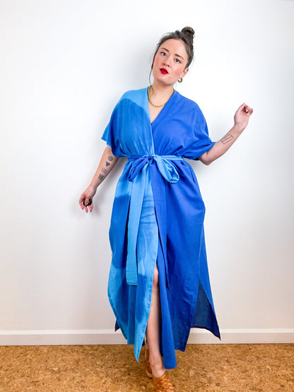 Single Gauze Duster Kimono Royal Turquoise Brushstrokes