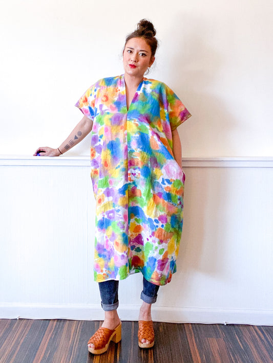Hand-Dyed Linen Smock Dress Rainbow Watercolor