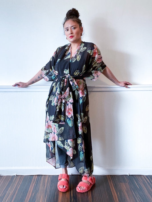 Print High Low Kimono Black Rose Floral Chiffon
