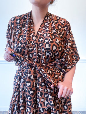 Print High Low Kimono Leopard Crinkle Double Chiffon