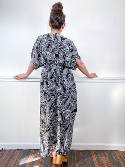 Print High Low Kimono Black White Palms Crepe