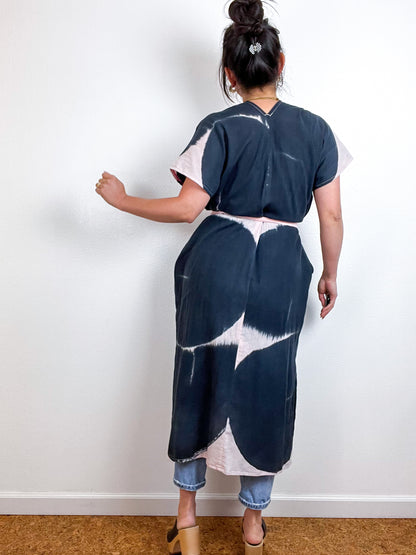 Single Gauze Midi Caftan Dress Blush Graphite Brushstrokes