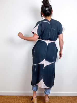 Single Gauze Midi Caftan Dress Blush Graphite Brushstrokes