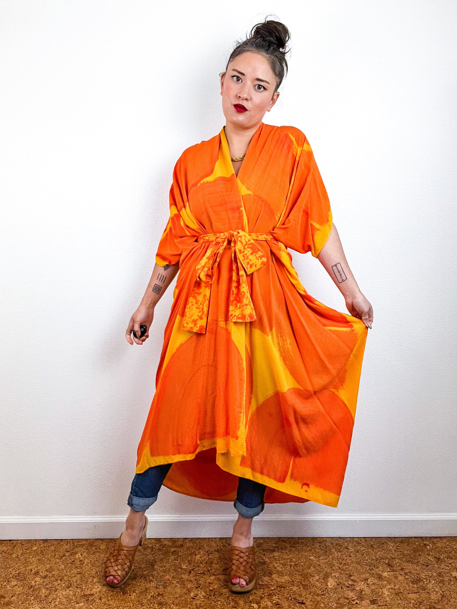 Hand-Dyed High Low Kimono Marigold Tangerine Brushstroke