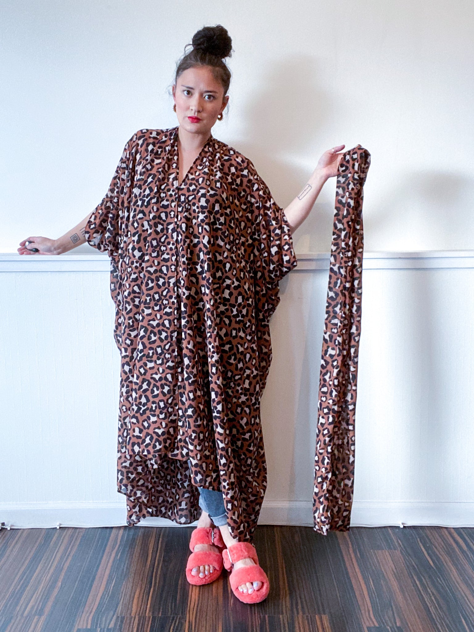 Print High Low Kimono Leopard Crinkle Double Chiffon