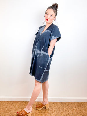 Chambray Smock Dress Hand-Dyed Black Brushstrokes