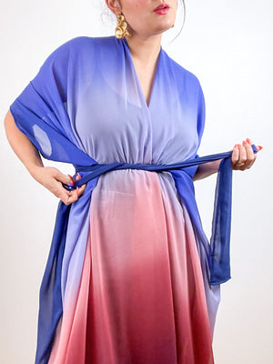 Print High Low Kimono Blue Maroon Ombre Chiffon