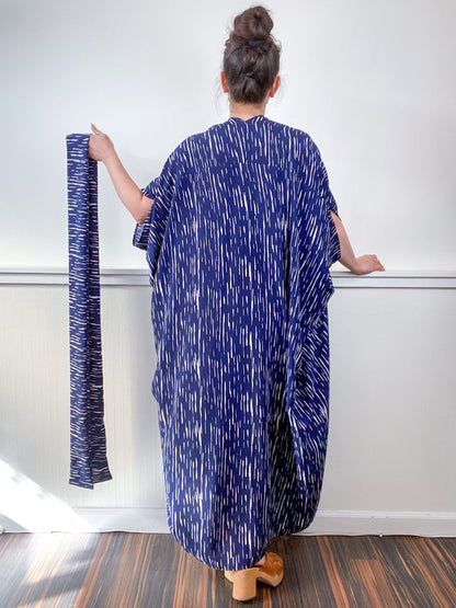 Print High Low Kimono Navy Lines Challis
