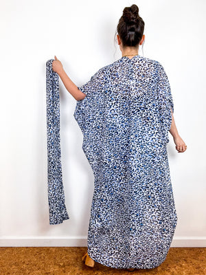 Print High Low Kimono Blue Leopard Chiffon