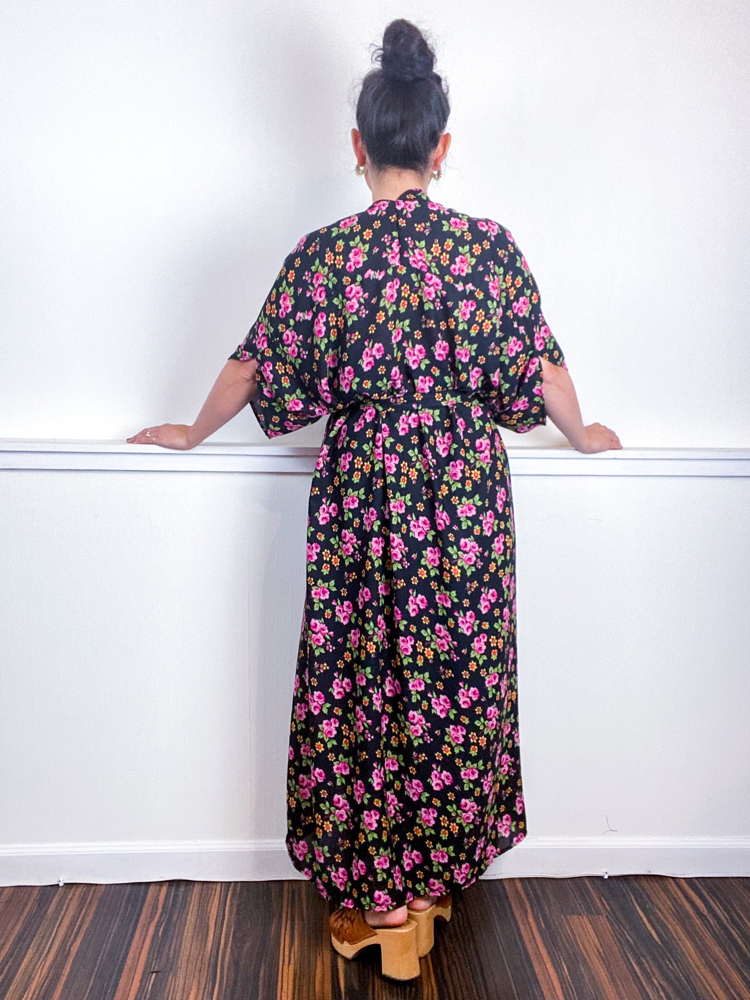Print High Low Kimono Aqua Pink Green Black Floral Georgette