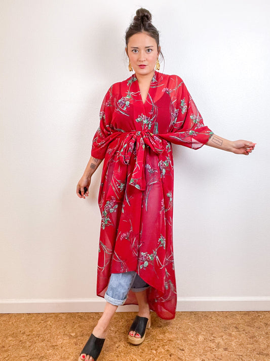 Print High Low Kimono Red Floral Chiffon