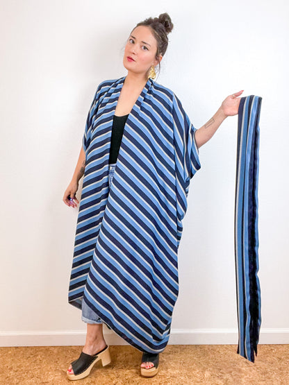Print High Low Kimono Navy Blue Stripe Crepe