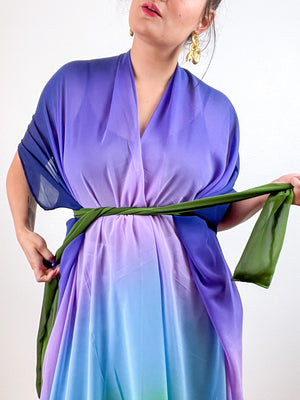 Print High Low Kimono Purple Green Ombre Chiffon