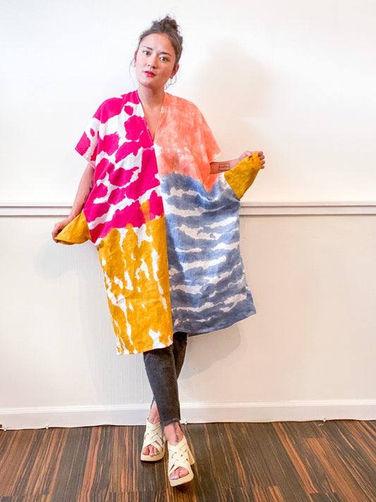 Hand-Dyed Linen Smock Dress Four-Tone