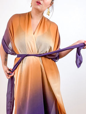 Print High Low Kimono Amber Plum Ombre Chiffon