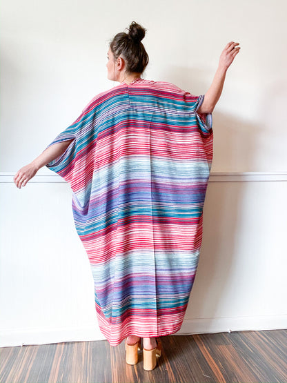 Print High Low Kimono Red Aqua Stripes Crinkle Rayon