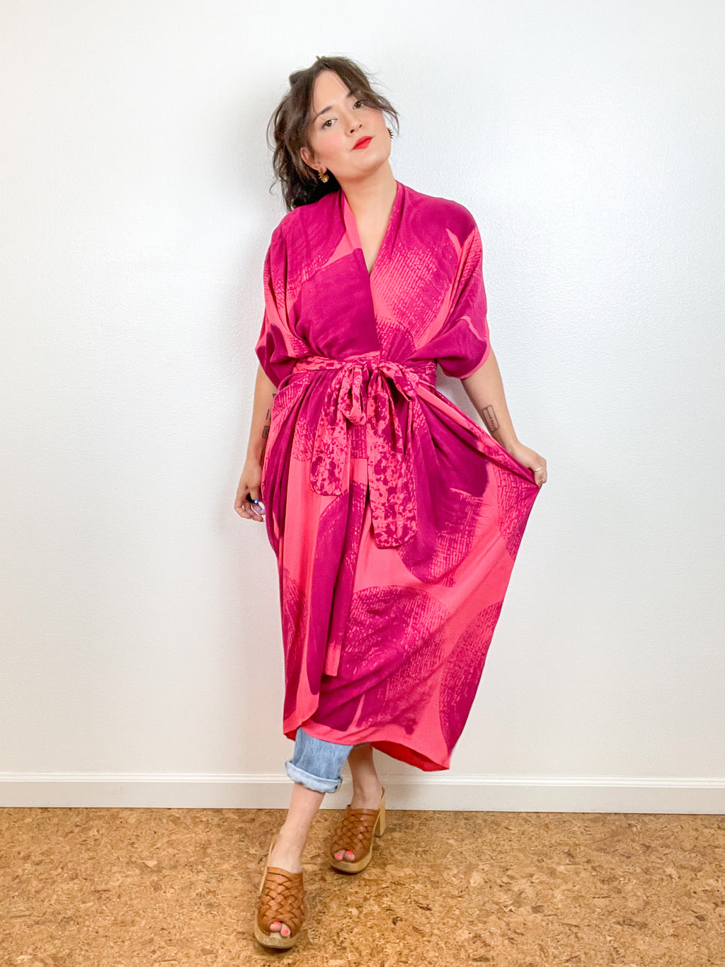 Hand-Dyed High Low Kimono Coral Maroon Brushstroke