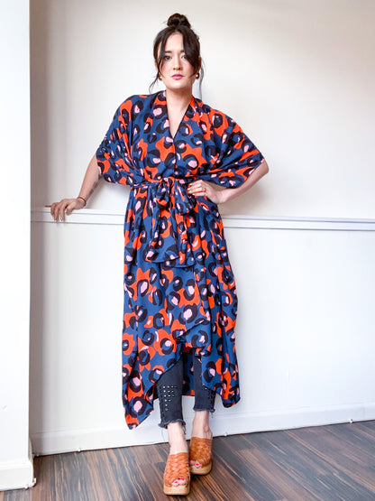 Print High Low Kimono Navy Leopard